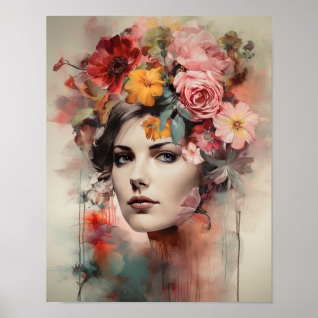 Mulher Com Arte de Cabeça de Flor Impressão Poster (Frente)