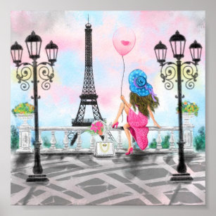 Mulher com balão cor-de-rosa na Poster de Paris