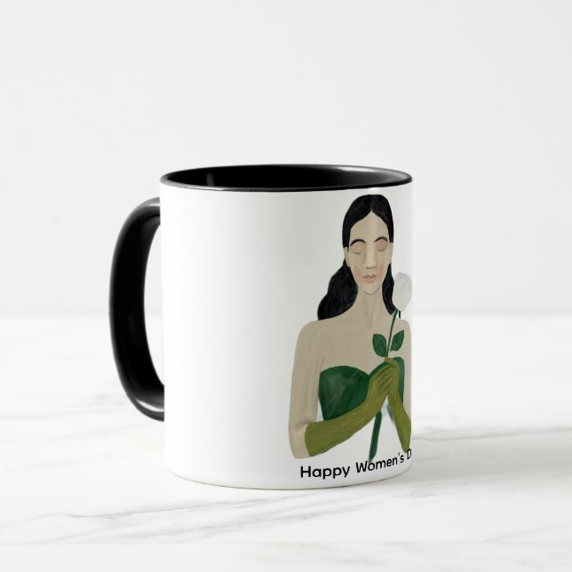 Mulher com Caneca de Rosa Branca – Estética Verde (Frente Esquerda)