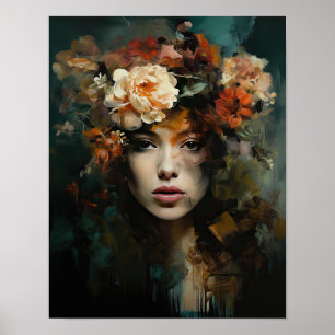 Mulher Com Flor Cabeça Arte Impressão Poster
