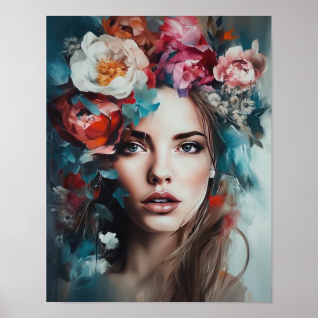Mulher Com Flor Cabeça Arte Impressão Poster (Frente)
