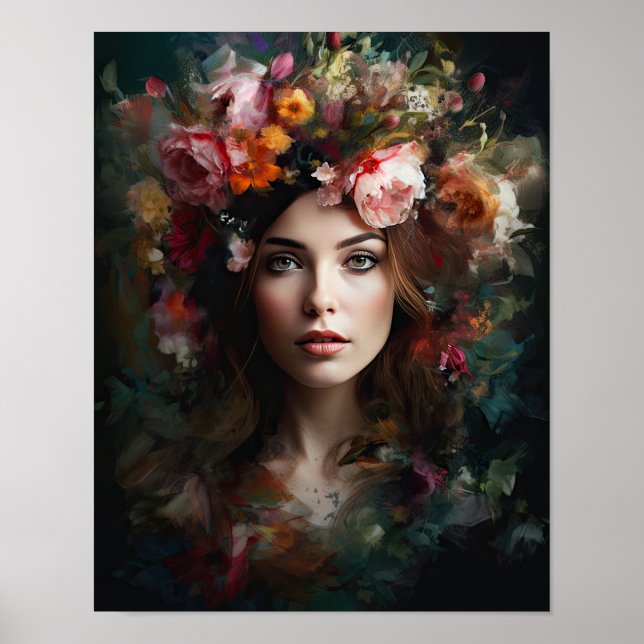 Mulher Com Flor Cabeça Arte Impressão Poster (Frente)