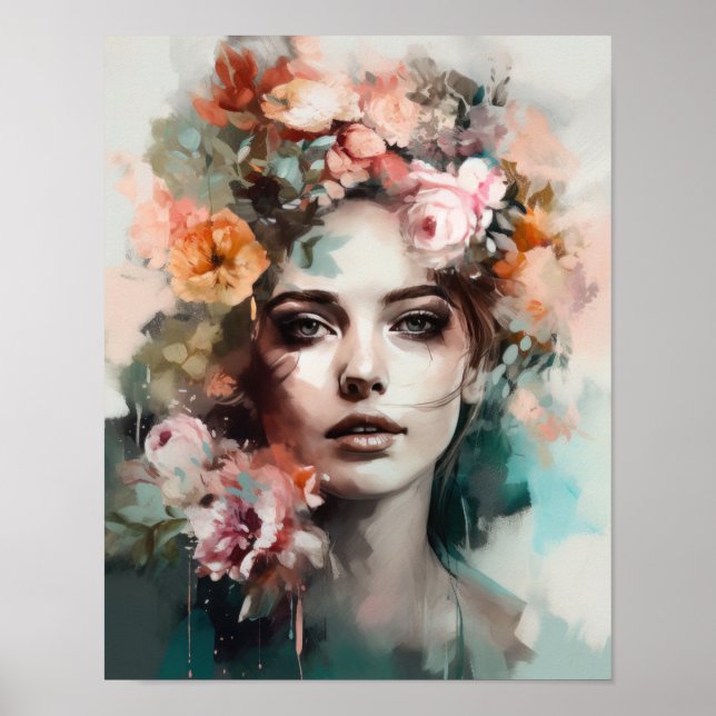 Mulher Com Flor Cabeça Arte Impressão Poster (Frente)