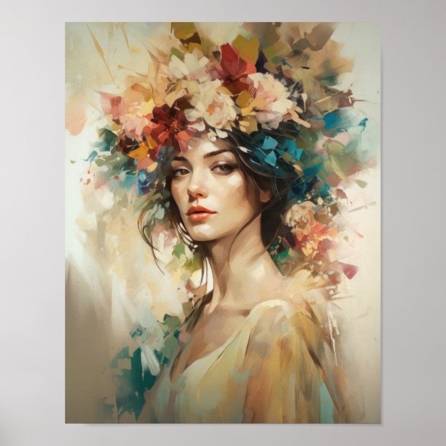Mulher Com Flor Cabeça Arte Impressão Poster (Frente)