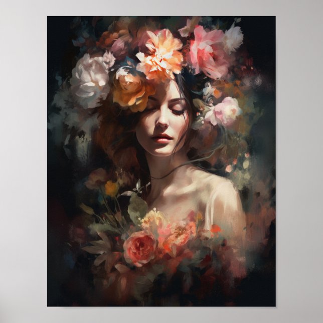 Mulher Com Flor Cabeça Arte Impressão Poster (Frente)