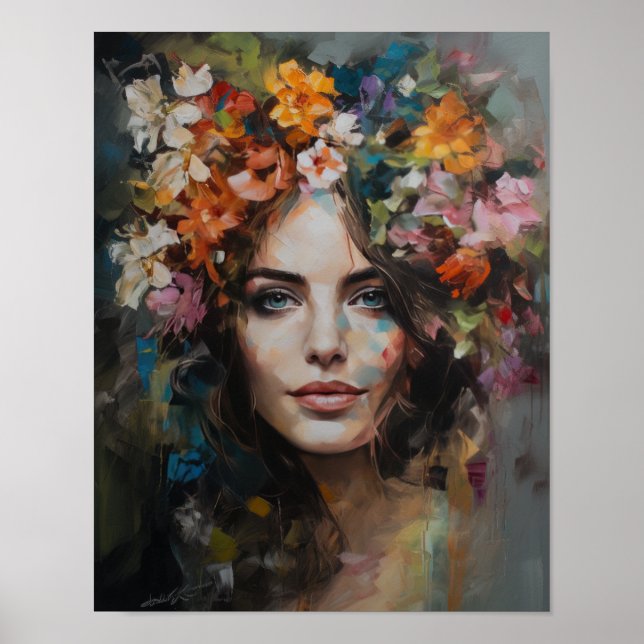 Mulher com Impressão de Arte de Cabeça de Flor Pos (Frente)