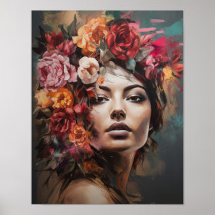 Mulher com Impressão de Arte de Cabeça de Flor Pos