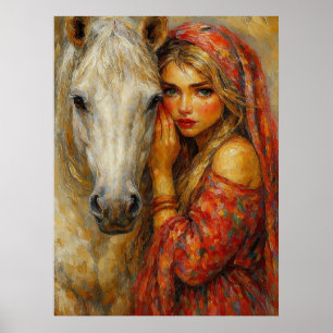 Mulher com impressão de arte fina do Cavalo Branco