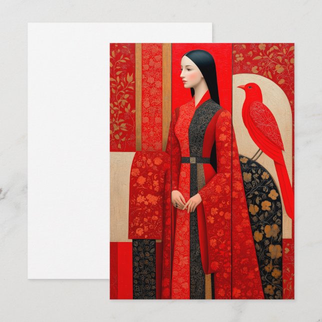 Mulher com vestido floral vermelho florado e pássa (Frente/Verso)