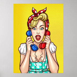 Mulher do pop art no poster de dois telefones