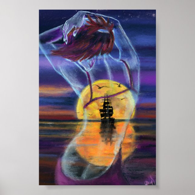 Mulher do Pôr do Sol no Mar Poster (Frente)