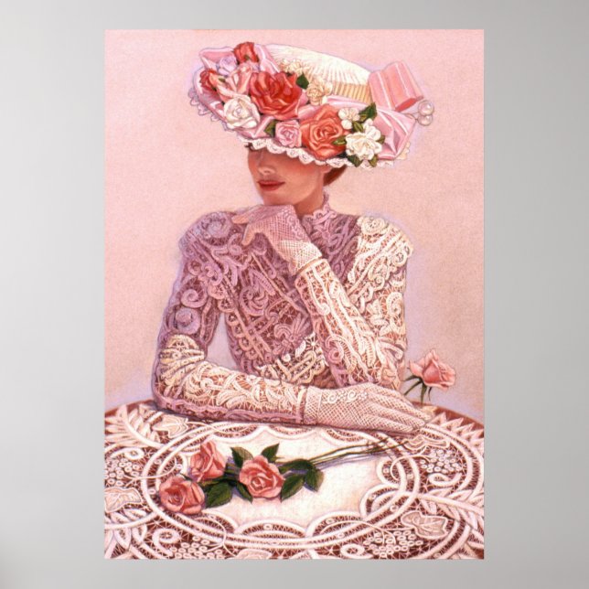 Mulher elegante, chapéu de rosa, poster de decoraç (Frente)