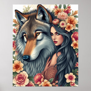 Mulher Elegante com Poster de Lobo & Flores