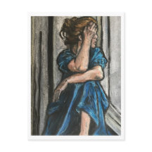 Mulher em cartão postal azul