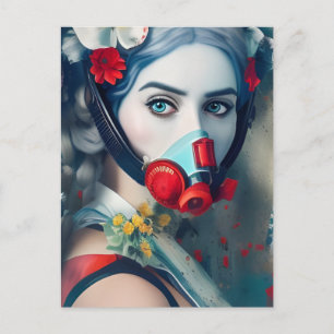 Mulher em máscara de gás e cartão postal de flores