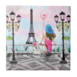 Mulher Em Paris Torre Eiffel, Azulejo De Cerâmica<br><div class="desc">Bonito Mulher e Balão de Coração Rosa - Eu Amo Paris - Desenho Romântico em Torre Eiffel - Escolha / Adicione Seu Texto / Fonte / Cor Exclusivo - Faça seus Azulejos / Presente Decorativos Especiais - Redimensione e mova ou remova e adicione elementos - Imagem / texto com ferramenta...</div>