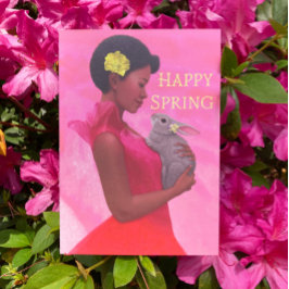 "Mulher Feliz da Primavera com Coelho." Cartão de 