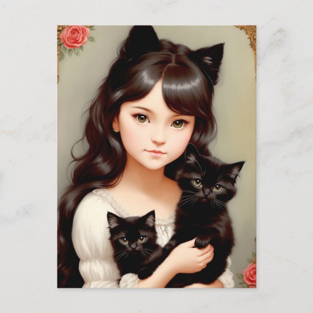 Mulher Gato Branca - Pintura Vintage. Cartão Posta (Frente)