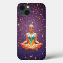Mulher meditante e céu roxo estrelado