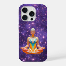 Mulher meditante e céu roxo estrelado