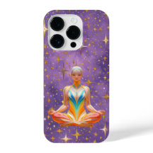 Mulher meditante e céu roxo estrelado