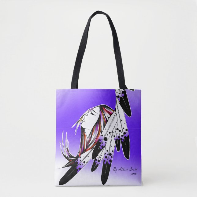 Mulher nativa com penas de águia/saco de tote roxo (Frente)