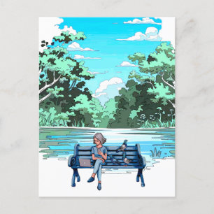 Mulher no banco de dados com cartão postal Design