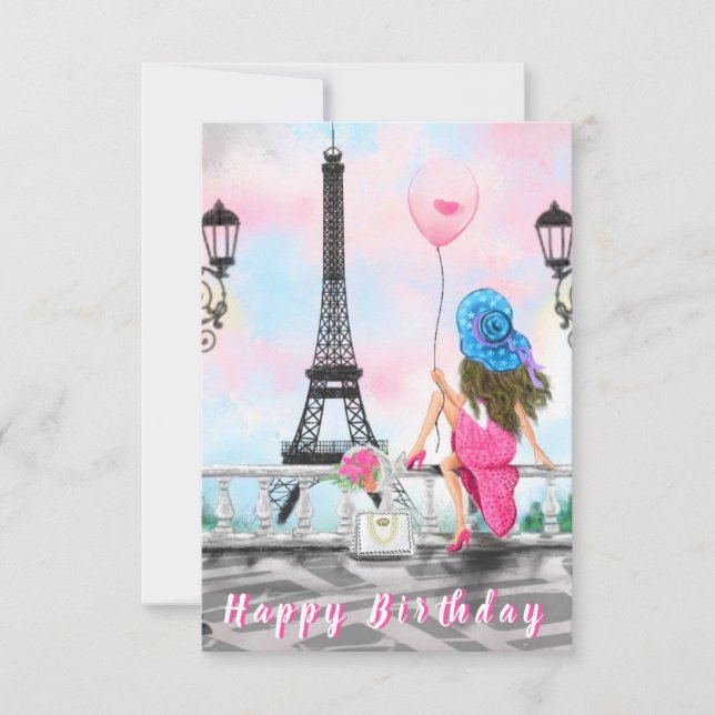 Mulher no Cartão de Aniversário de Paris com Torre (Frente)