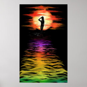 Mulher no mar Sunset Poster - Pintura
