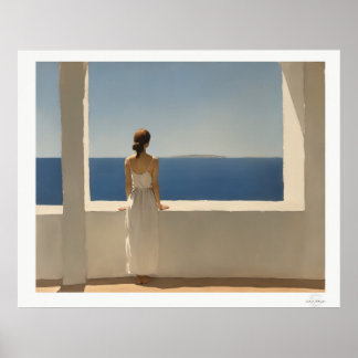 Mulher no Terraço com Vista para o Mar Poster