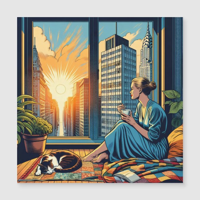 Mulher olhando pela janela bebendo café (Frente)