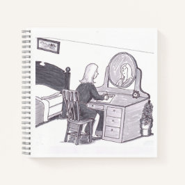 Mulher Sentada na Mesa do Quarto com Espelho Escre