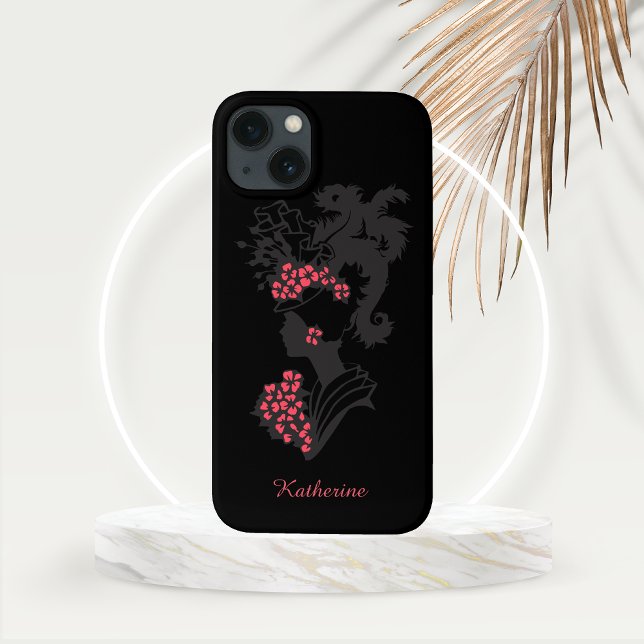 Mulher Sombreada de Alta Moda com Destaques Rosa (Personalized High Fashion Woman with Plumed Hat Phone Case)