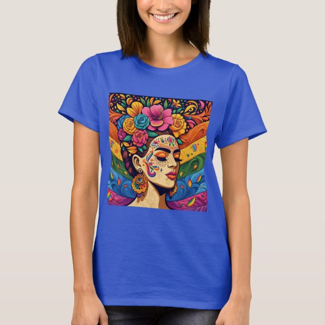 Mulher Vibrante com flores em T-Shirt (Frente)