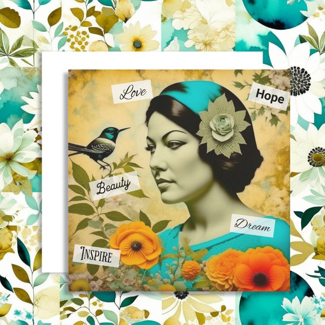 Mulher Vintage Bonita com Pássaro e Flores (Criador carregado)