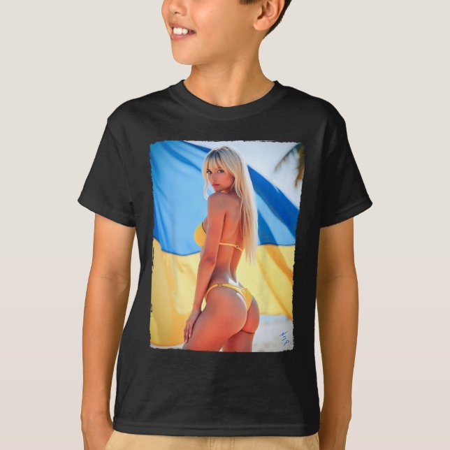 Mulher Y Em Camiseta - Loira De Biquíni E Ucrânia (Frente)