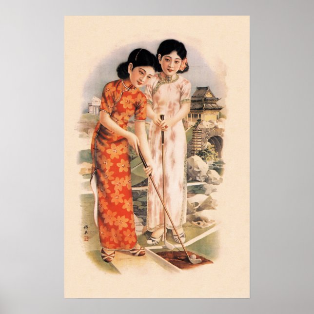 Mulheres Chinesas Jogando Golfe, Antigo Poster de  (Frente)