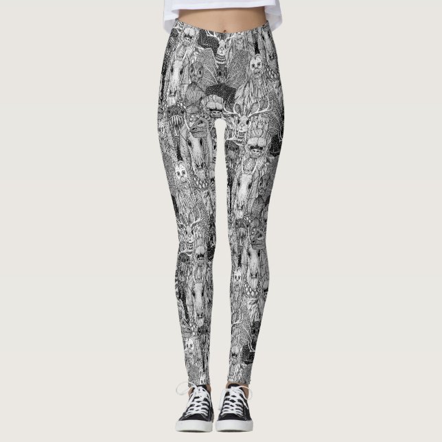 multidão de criptozoológicos leggings preto e bran (Frente)