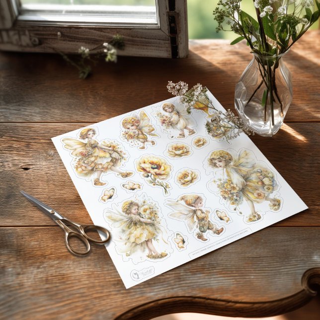 Mundo da Fada do Mel Dourado – Adesivo de Flores C (The Honey Fairy sheet of stickers on a table ready to be used)