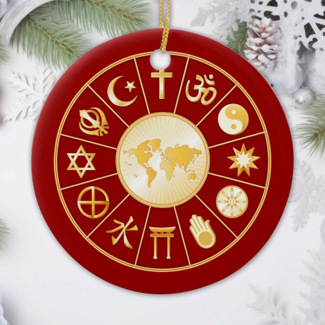 Mundo do Ornamento da Fé (Gold symbols of international religions surround a world map. )