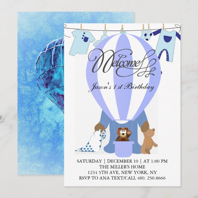 Mundo dos Balões Azuis Primeiro Convite de Anivers (Frente/Verso)