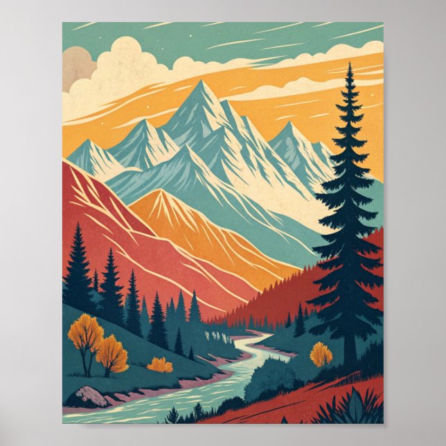 muralha arte poster retro montanhas cores vibrante (Frente)