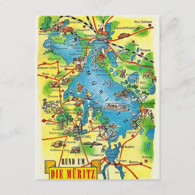 Muritz Alemanha Mapa Colorido Cartão Postal (Frente)