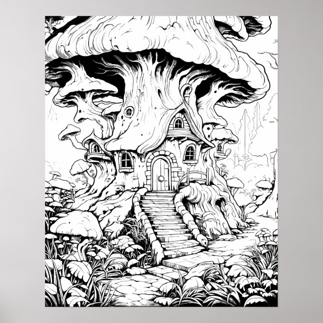 Mushroom Fairy House Fantasy Coloring Poster (Frente)