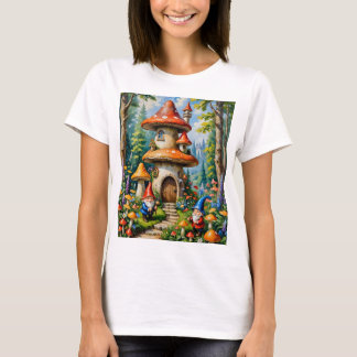 Mushroom Fantasy Gnome House Whimsical Art T-Shirt