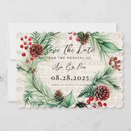 Music Red Berry Wreath Weding The Date Card
