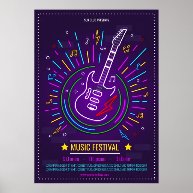 Música neon com Poster de guitarra elétrica (Frente)