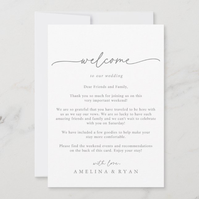 Muted Gray Simple Minimal Wedding Welcome Letter (Frente)