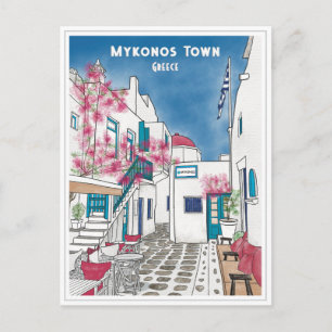 Mykonos Town Grécia Cartão Postal de Desenho de Vi