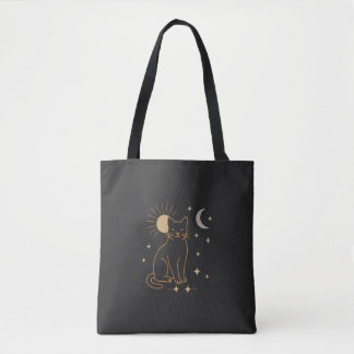 Mystic Cat Tote Bag- Minimalist Celestial Line Ar